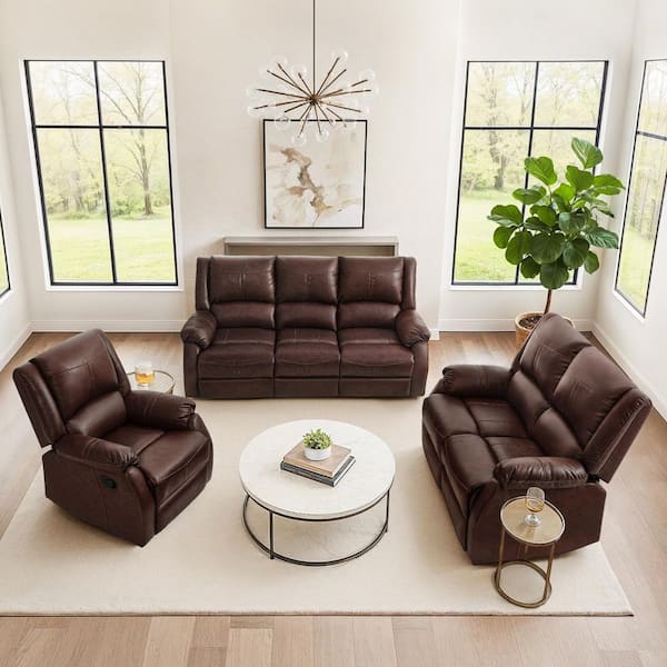 LUE BONA Jake 80.7 in. W Brown 3-Piece Leather Upholstered