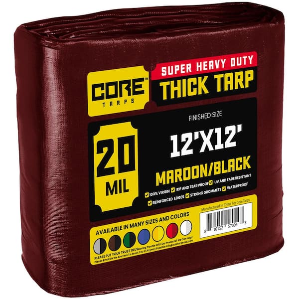 CORE TARPS 12 ft. x 12 ft. Maroon 20 Mil Heavy Duty Polyethylene Tarp, Waterproof, UV Resistant, Rip and Tear Proof