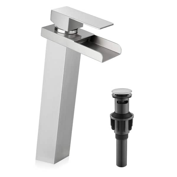 Single Handle Waterfall Vessel Sink Faucet Drain Kit Included and Single Hole in Brushed Nickel