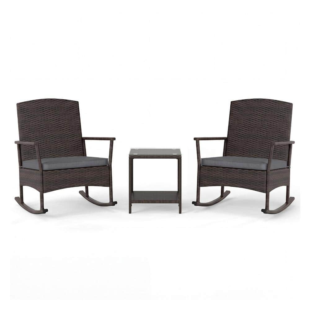 3-Piece PE Rattan Patio Rocking Chair Set with Cushions and 2-Tier Coffee Table, Gray price history on PriceWatchPro