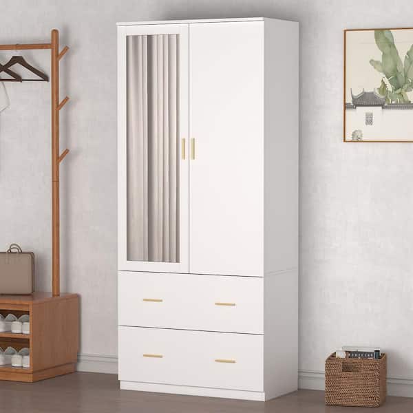 FUFU&GAGA White Armoire with a Mirror 2-Drawers and 5-Shelves 31.5 in. L x 16.4 in. W x 72.0 in. H