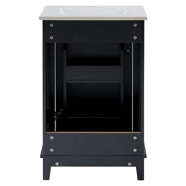 Jivora 20 in. Freestanding Black Bath Vanity with White Ceramic Top, Storage, Shelves, Wood