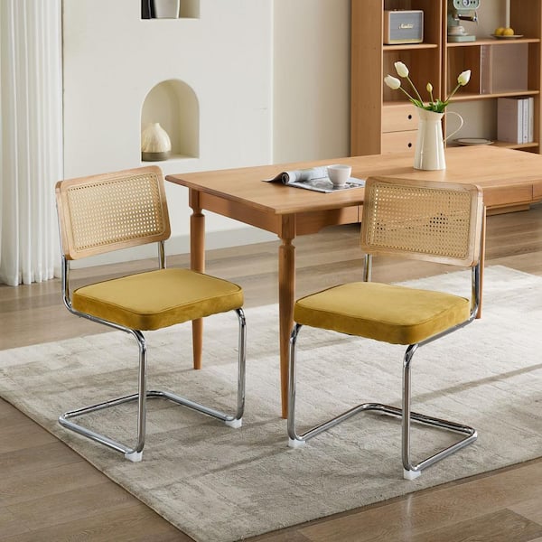 Muse Gold Modern Upholstered Velvet Dining Chairs, Cane Rattan Back, Stainless Chrome Base, Set of 2