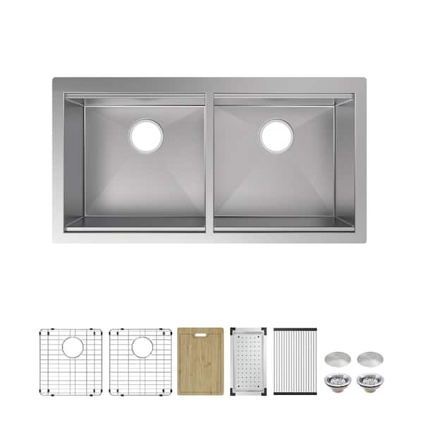 Professional Zero Radius 32 in Undermount Double Bowl 16 Gauge Stainless Steel Workstation Kitchen Sink with Accessories