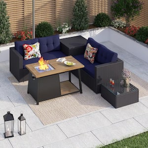 Black Rattan Wicker 4 Seat 5-Piece Steel Outdoor Fire Pit Patio Set with Blue Cushions and Rectangular Fire Pit Table