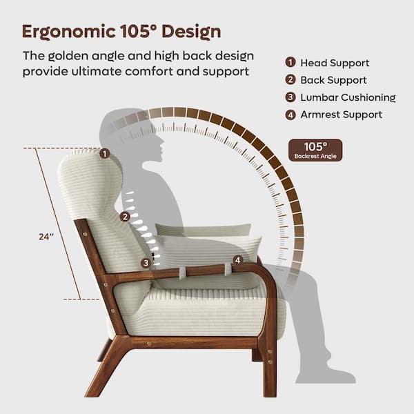 34.7 in. H Off White Upholstered Arm Chair Accent Chair with High Back and 2-Armrest Pillow