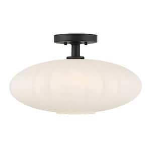 18 in. W x 11 in. H 1-Light Matte Black Traditional Semi-Flush Mount with White Strie Glass Shade