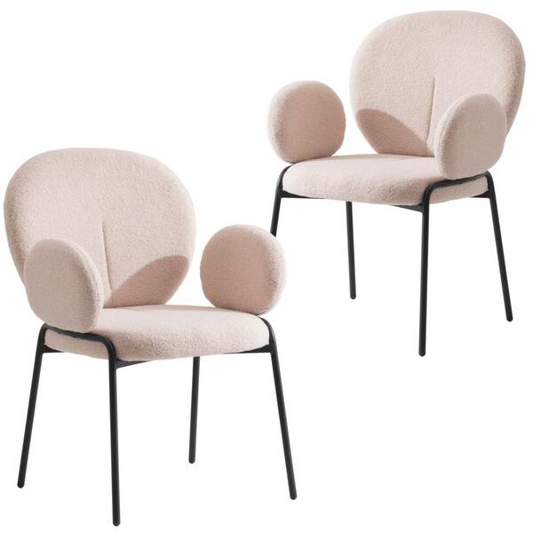 Leisuremod Beige Celestial Boucle Dining Chair Upholstered Seat and Back in Black Powder Coated Iron Frame (Set of 2)