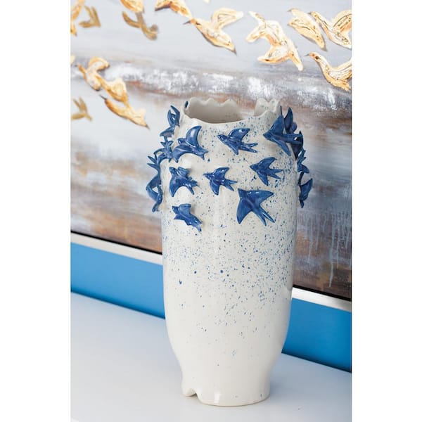 Litton Lane 18 in. White 3D Ceramic Bird Decorative Vase