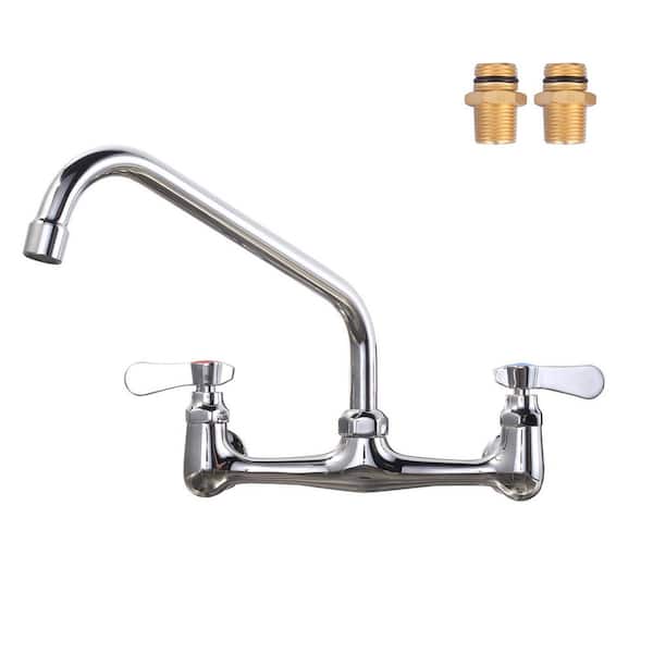 Double Handle WallMount Commercial Brass Standard Kitchen Faucet with 10 in. Swivel Spout 8 in. Center in PolishedChrome