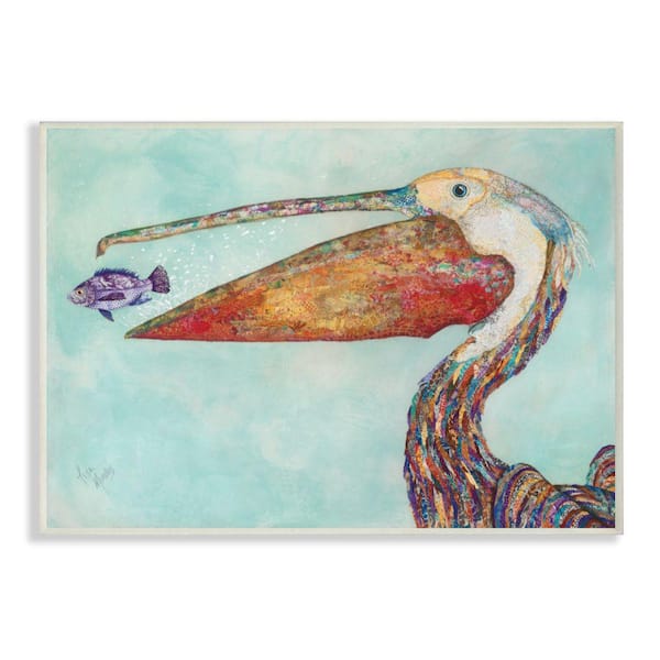 Stupell Industries "Pelican's Lost Supper Fish and Patterned Feathers" by Lisa Morales Unframed Animal Wood Wall Art Print 10 in. x 15 in.