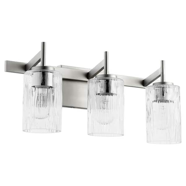 Quorum International 3-Light - 100-Watt Medium Lamp Base Light  Vanity 21 in. Width with 3 Clear Fluted Glass Diffusers Satin Nickel