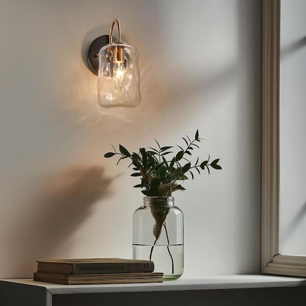 Gunmetal Gray 1-Light Wall Light Modern Brass Mason Jar Textured Glass Shade Powder Room Bathroom Vanity Light