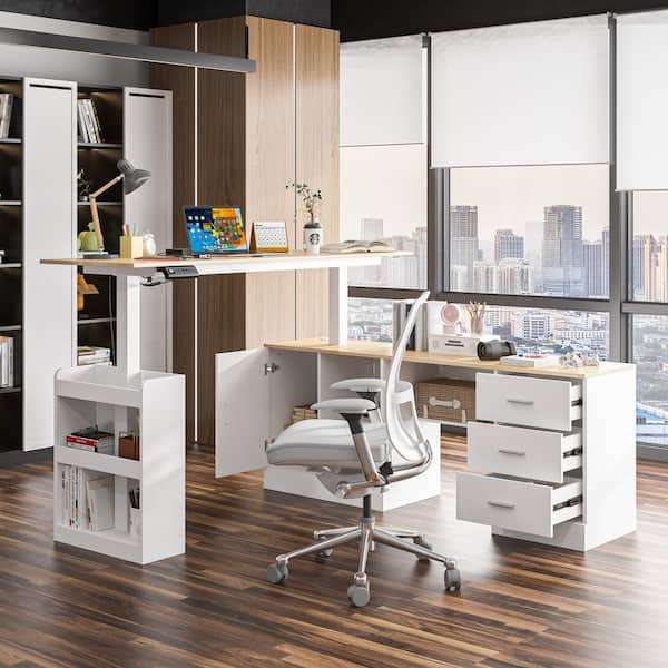 FUFU&GAGA 63 in. W L- Shaped White Wood Adjustable Height Computer Desk Ergonomic Writing Desk Memory Preset Controller KF150213-12