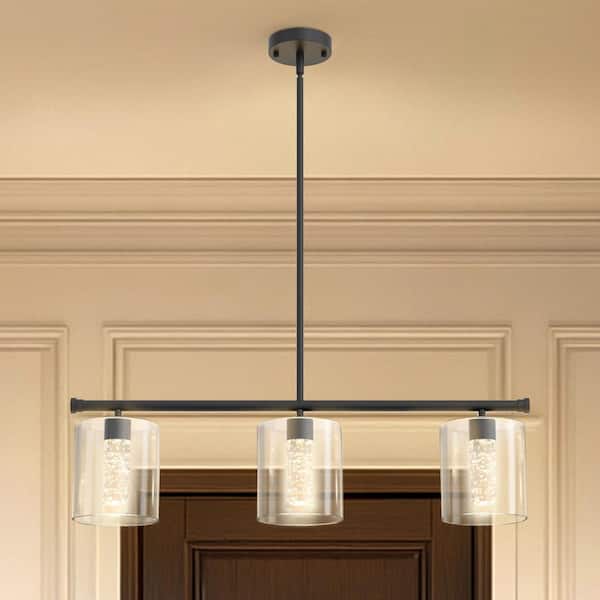3-Light Matte Black Modern Kitchen Island Integrated LED Linear Pendant Light 3CCT with Clear Glass Shades