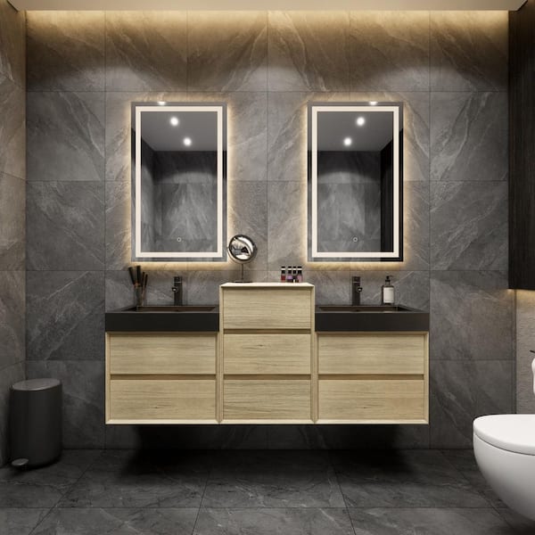 BV Better Vanity MIA 67 in. W x 20 in. D x 30 in. H Double Sink Middle Cabinet Bath Vanity in Teak Oak with Black Stainless Steel Top