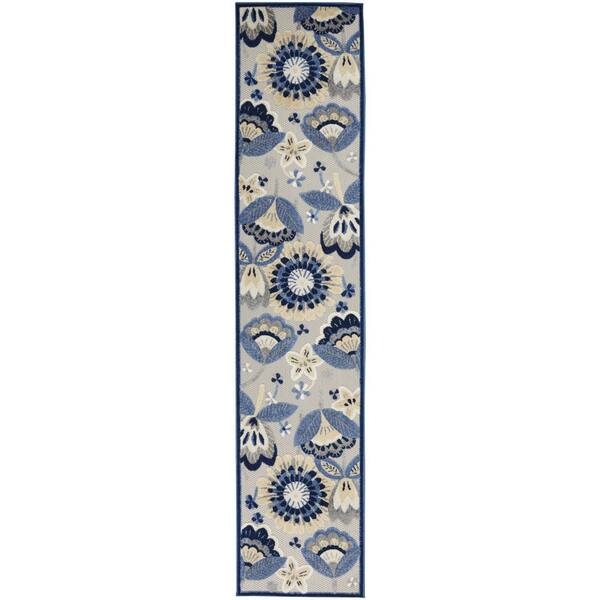 HomeRoots Charlie 2 X 12 ft. Blue and Grey Floral Indoor/Outdoor Area
