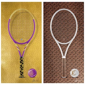 24in.x48in.each "Designer Racquet" Frameless Free Floating Tempered Glass Panel Graphic Wall Art Set of 2