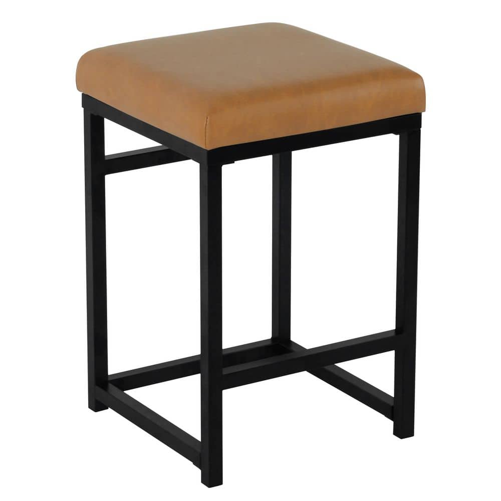 24" Black Metal Counter Height Stool with Carmel Faux Leather Seat