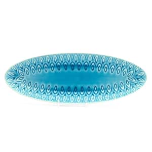 13.5 in. Peacock Crackle-Glaze in Turquoise Stoneware Oval Appetizer Platter