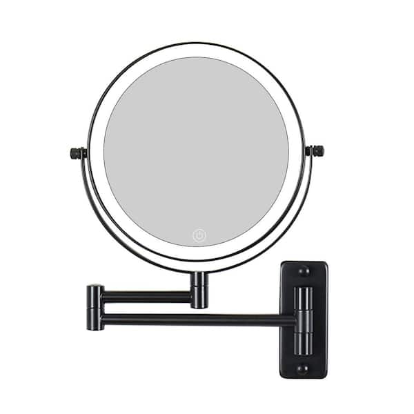 8 In W X H Round Led Adjustable, Wall Mounted Shaving Mirror With Light Black