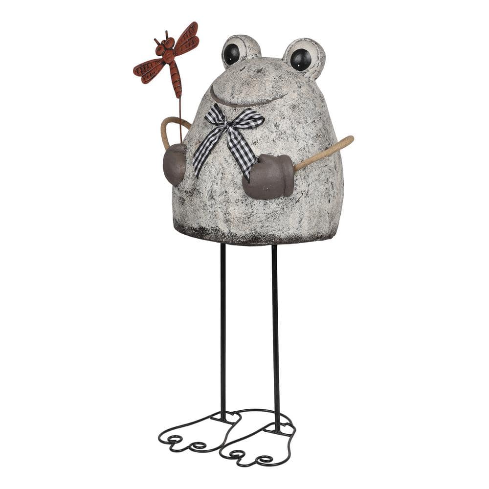 24" Stone Finish Frog with Metal Dragonfly Garden Statue