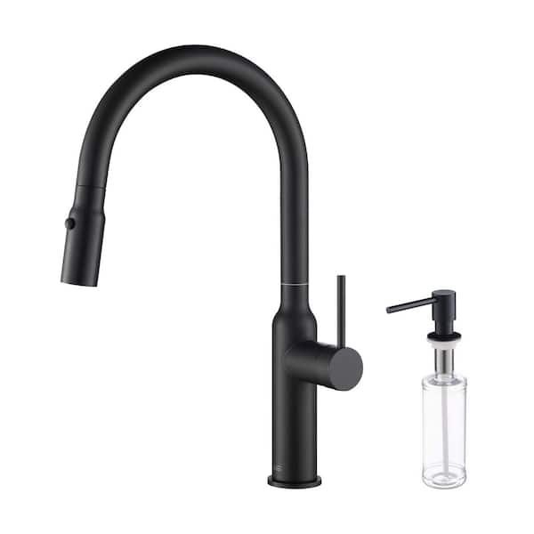 KIBI 17 in.H Single Hole 1.8 GPM Pull Down Sprayer Kitchen Faucet with 360° Spout Swivel, Soap Dispenser in Matte Black