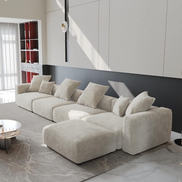 J&E Home 181.1 in. Square Arm 5-Piece Corduroy Modular Sectional Sofa in Beige with Removable Covers and Ottoman