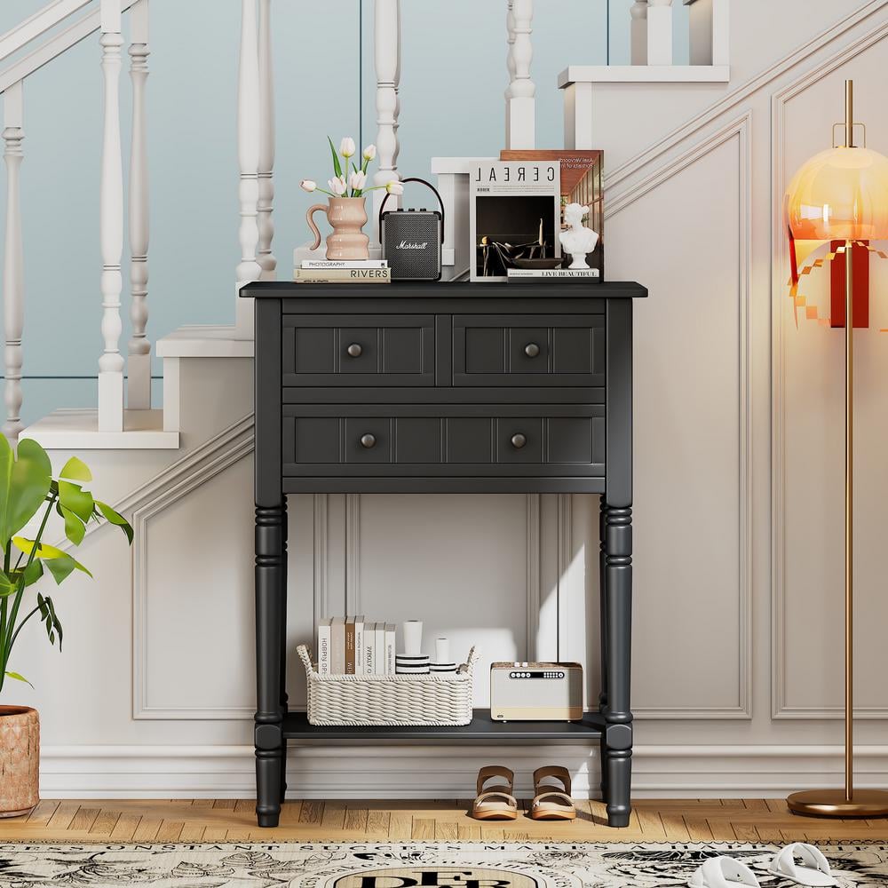 23.7 in. H Black Rectangle Wood Console Table, Narrow End Table, Slim Sofa 
