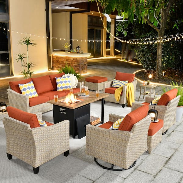 HOOOWOOO Oconee 9-Piece Wicker Patio Conversation Sofa Set with Swivel Rocking Chairs, a Storage Fire Pit and Orange Red Cushions