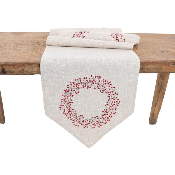15 in. x 90 in. Linen Blend Holly Berry Wreath Embroidered Christmas Table Runner, Natural