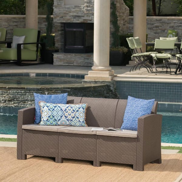 Tenleaf Brown Wicker Outdoor Couch with Mix Beige Water Resistant Cushions