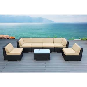 Ohana Black 7-Piece Wicker Patio Seating Set with Supercrylic Beige Cushions