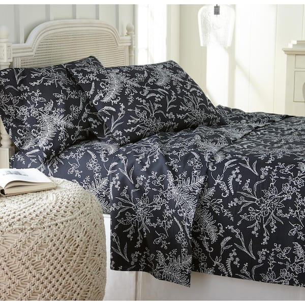 Southshore Fine Linens Winter Brush 4-Piece White Botanical on Black Microfiber King Deep Pocket Sheet Set