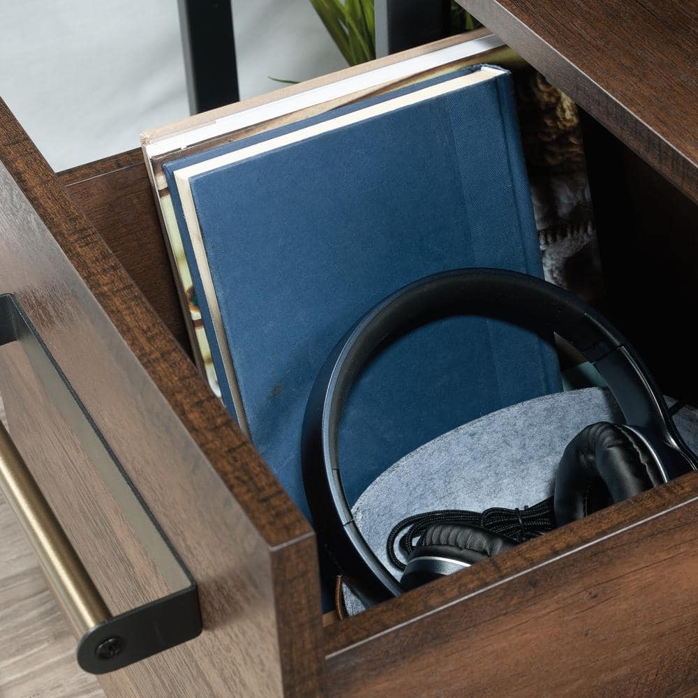 Barrel Oak and Metal Frame Nightstand with Drawer