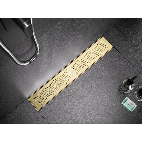 24 in. Linear Stainless Steel Shower Drain with Wave Pattern and Zirconium Gold Plating