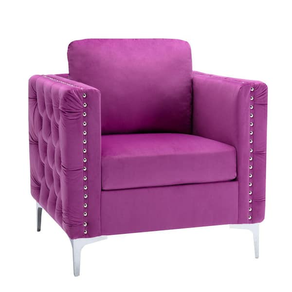 Purple Modern Velvet Tufted Button Arm Chair with Steel Legs(Set