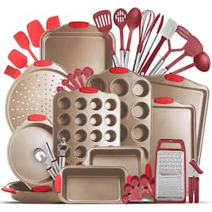 39-Piece Nonstick Brown Steel Bakeware Set with Red Utensil and Silicone Handles