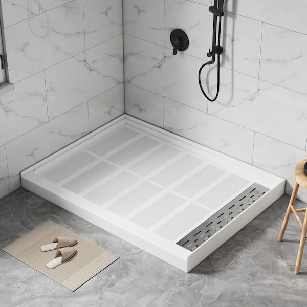 48 in. x 36 in. Composite Alcove Shower Pan Base with Stainless Steel Cover and Right Drain in White