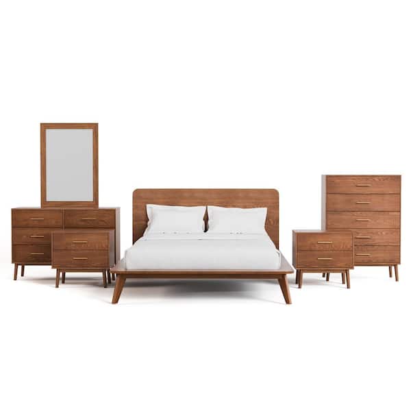 Riverstone 6-Piece Mid Century Walnut Wood Queen Platform Bedroom Set with Anti-Tip Interlock System
