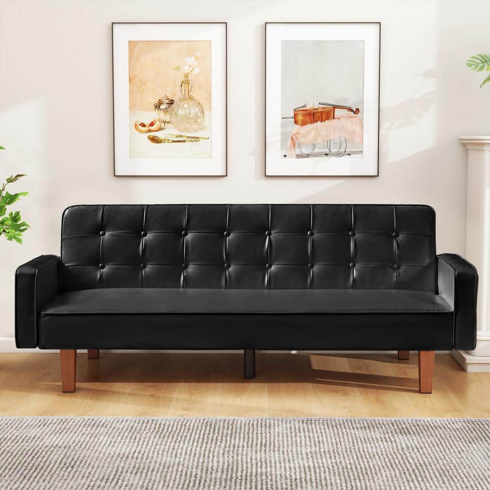 Modern 38 in. Black Twin Size Faux Leather Sofa Bed Convertible Sleeper Couch with Armrests for Studio, Office