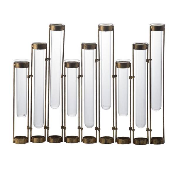 Benjara Bronze Cylinder Glass Accent Vase with Iron Frame and 9 Slot
