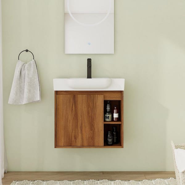 24 in. Wall-Mounted Single Brown Ebony Bath Vanity with White Ceramic Vanity Top Unassembled