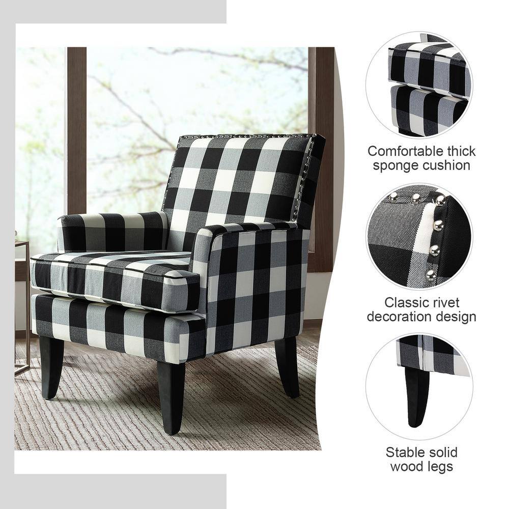 Classic Black Buffalo Plaid Armchair with Nailhead Trim