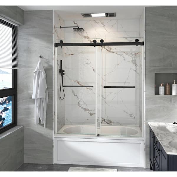 MOHALEN 56-61 in. W x 60 in. H Double Sliding Frameless Tub Door in Matte Black with 3/8 in. Clear Tempered Glass