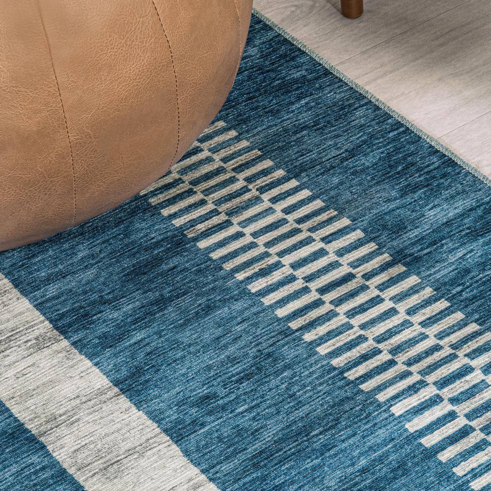 Blue and Cream Striped Machine-Washable Synthetic Area Rug