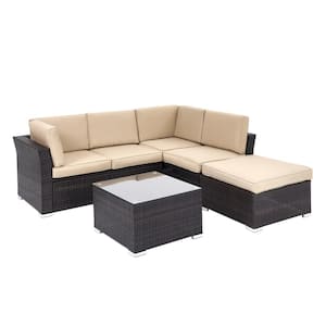 4-Piece Wicker Patio Conversation Set Outdoor Seating Sofa Set with Tan Cushions