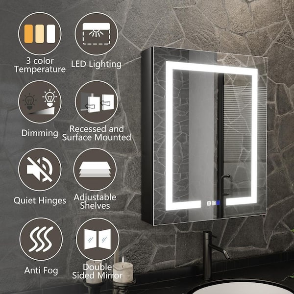 ShineX 24 in. W x 30 in. H Rectangular Black Aluminum Recessed/Surface Mount Right Medicine Cabinet with Mirror LED