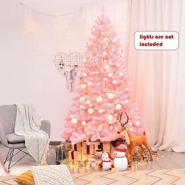 7.5 ft. Unlit Hinged Artificial Christmas Tree Full Fir Tree New PVC with Metal Stand Pink