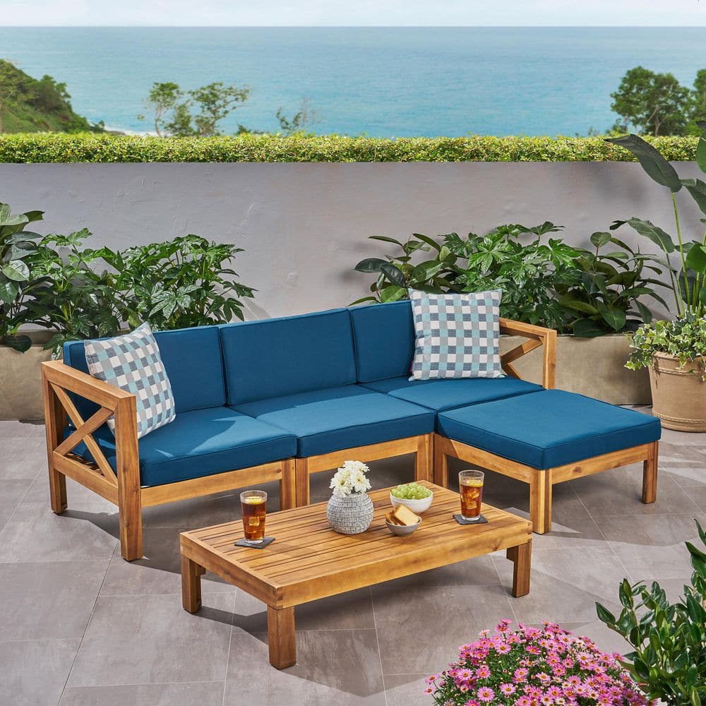 5 Piece Teak Outdoor Patio Sectional Sofa Furniture Set with Acacia Coffee 